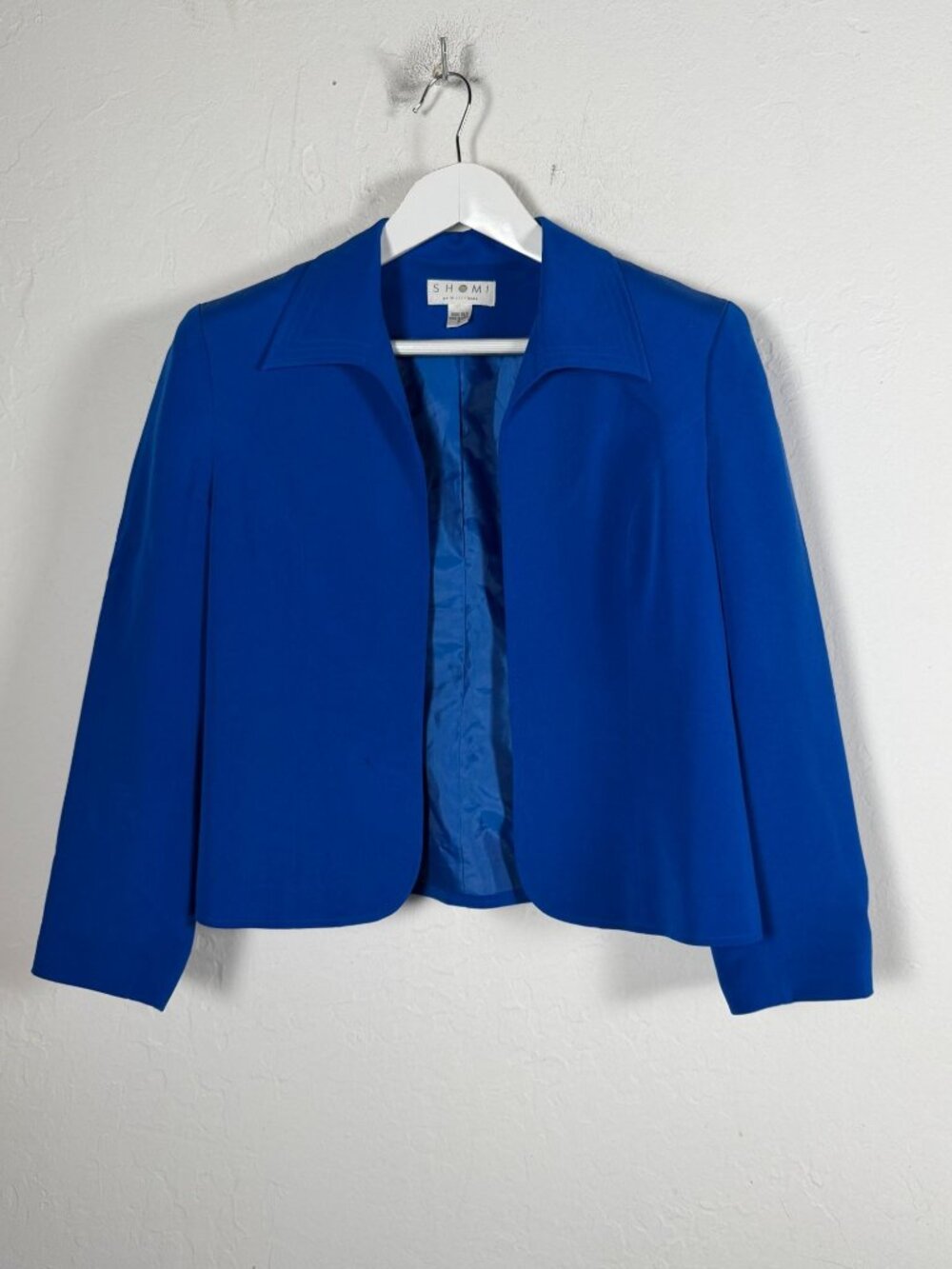 Shomi by Miller Shor Womens Blue Open Front 100% Silk Crop Blazer Jacket Size 8